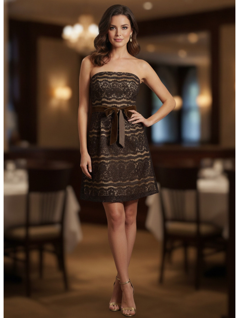 Robin Jordan Elegant Strapless Brown Lace Dress/Velvet Bow Belt Size 6